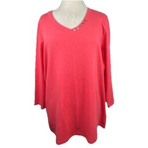Karen Scott Sz 1X Coral 3/4 Sleeve Top V-Neck Decorative Buttons 100% Cotton